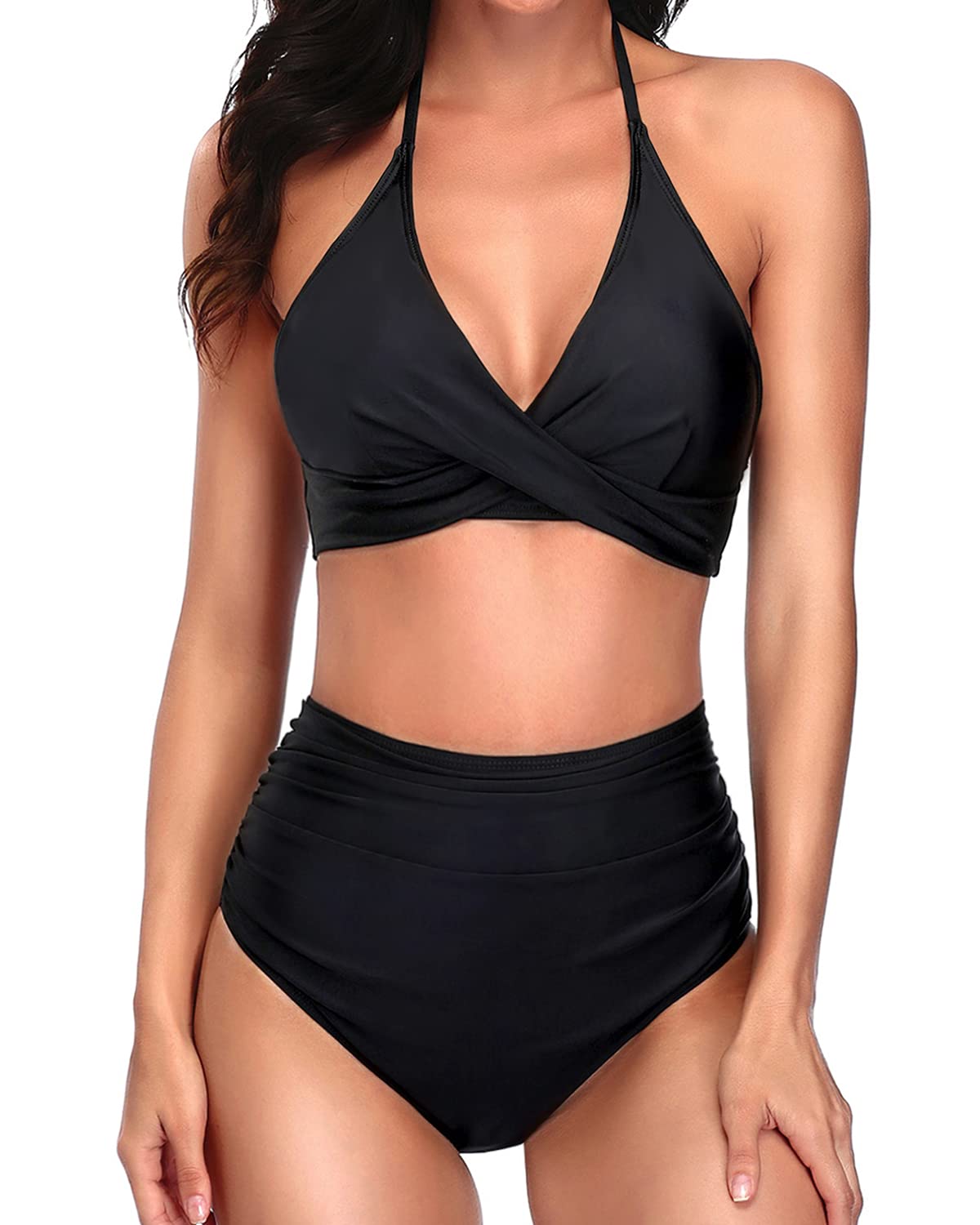 Yonique Women High Waisted Two Piece Bikini Swimsuit Halter Twist Front Bathing Suit Ruched Swimwear