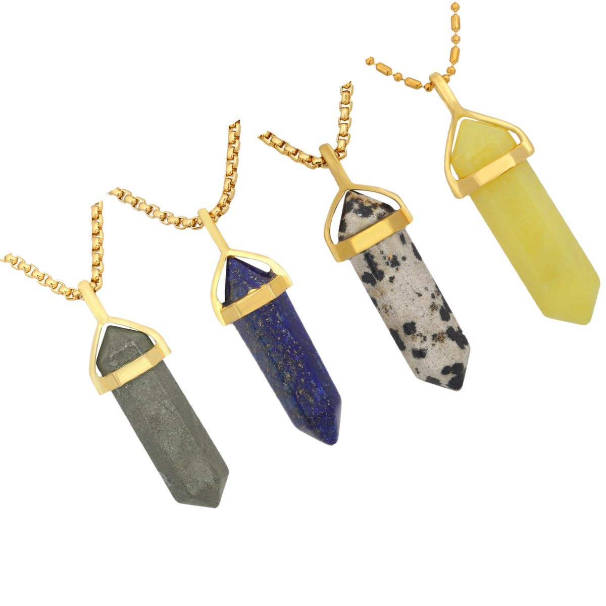 KYEYGWO Pack of 4 Crystal Points Stone Pendants Necklace for Women and Men, Hexagonal Crystals Pendants with Chain