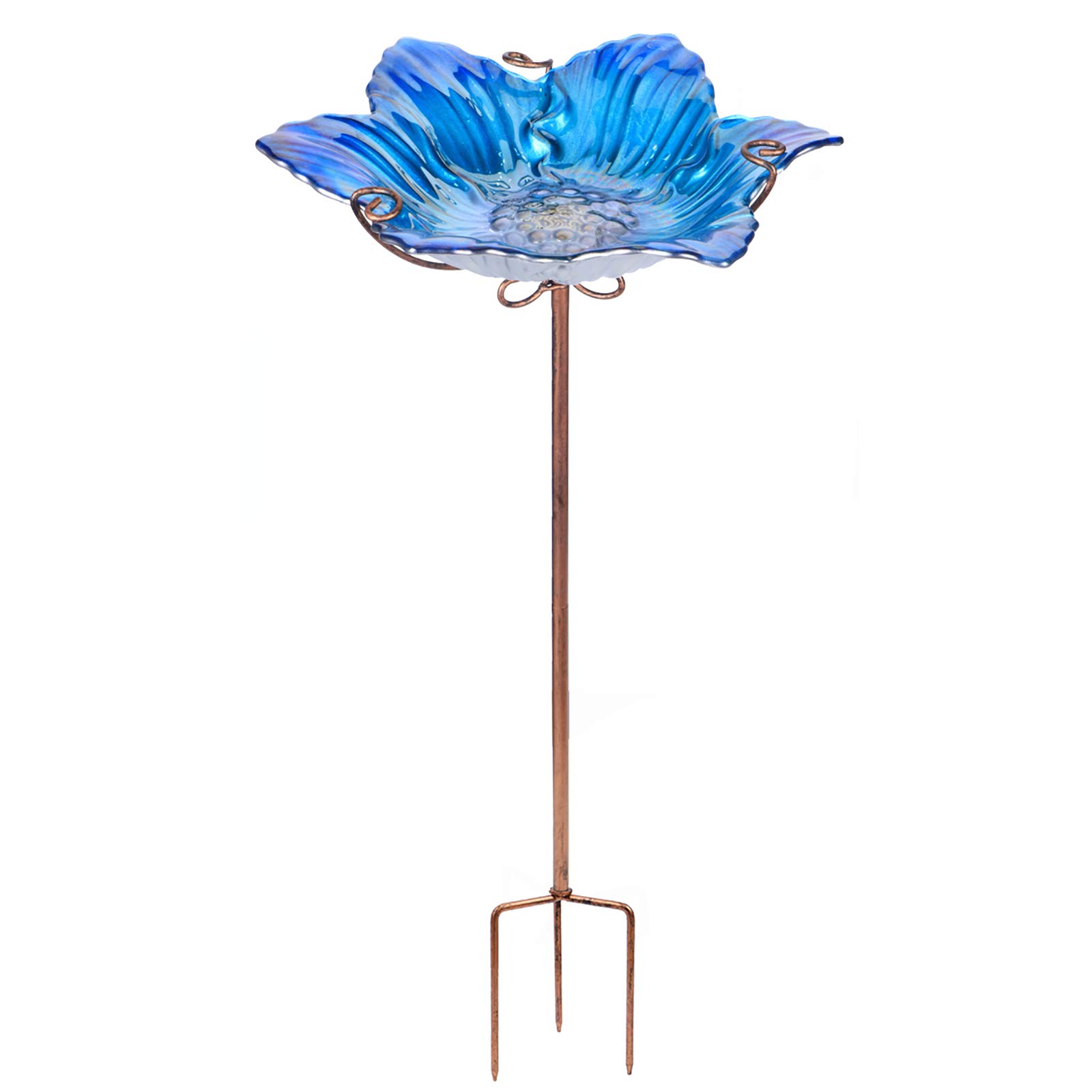 MUMTOP Bird Baths for Outdoors Glass Bird Bath Bowl Outdoor Bird Feeder Flower Pattern with Metal Stake for Garden, Yard and Lawn Decor(Blue)