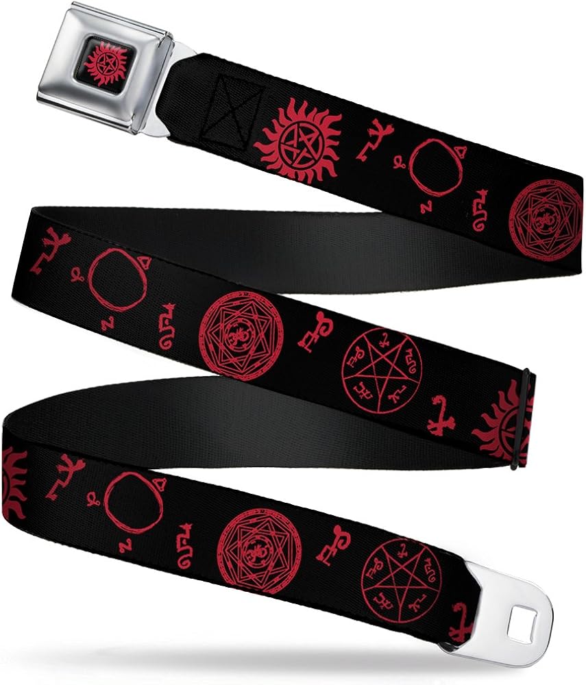 Buckle-Down Seatbelt Belt - Supernatural Symbols Scattered Black/Red - 1.0" Wide - 20-36 Inches in Length: Clothing