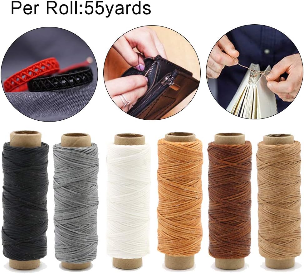 Leather Sewing Kit, 6 Color Waxed Thread with 3 Sizes Large Eye Sewing Needles, Scissor, Awl, Bone Folder for Leather Stitching Leather Sewing Tools and Supplies