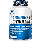 Evlution Nutrition L-Arginine + L-Citrulline - Endurance + Workout Performance Supplement - 1000mg Complex - Vasodilation + Nitric Oxide Support - Vegan + Gluten Free Capsules - 60 Servings