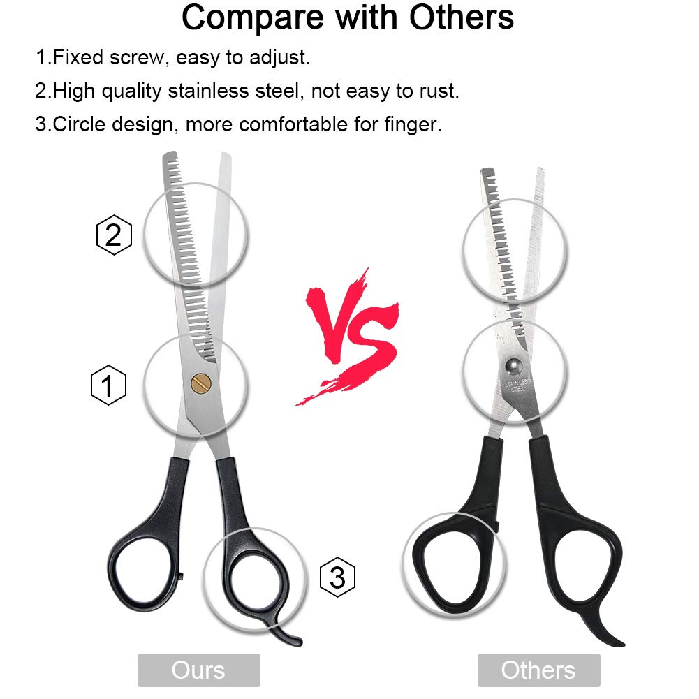 URAQT Haarschere Set, 2 Scharfe Professionell Scheren-Sets, Licht Einseitiger Effilierer, Scharfe Friseurscheren, Haarschneideschere, Kamm, für Damen,Herren,Kinder,Haustier, Schwarz 5