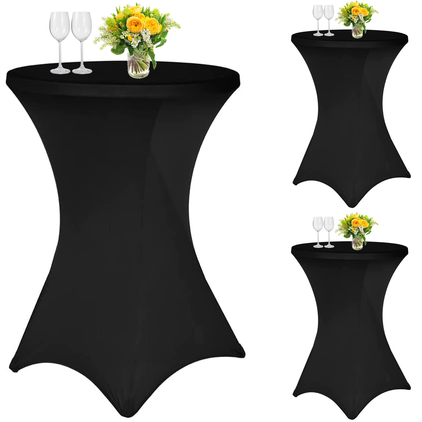 Teruntrue 3 Packs Black Cocktail Round Spandex Table Cover, 32''x43'' Cocktail Square Corners Fitted High Top Stretch Table Cover for Round Tables or Wedding Party Banquet Birthday(Black)