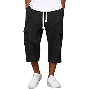 Capri Cargo Shorts for Men Baggy Below Knee Long Shorts with Pockets Waffle Drawstring Elastic Waist 3/4 Pants