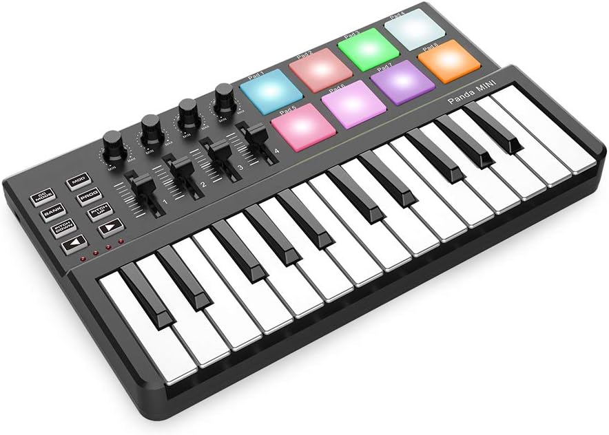 25-Button Ultra-Portable USB MIDI Keyboard Controller 8 Colorful Backlit Trigger Pads, Controller 4 MPC Pads, Knob 360 Degree Rotation(Black + White)