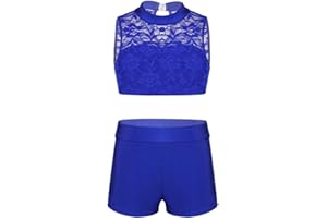 dPois Kids Girls' 2 Pieces Dance Outfit Strappy Crop Top Bra with Shorts Set Sports Workout Gymnastics Leotard