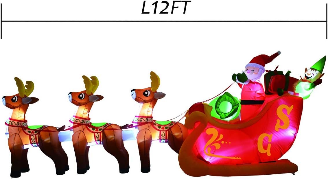 GOOSH 12 Foot Christmas Inflatable Decoration Santa Claus on Sleigh with 3 Reindeer LED Lights Indoor Outdoor Yard Lawn Decoration - Cute Fun Xmas Holiday Blow Up Party Display