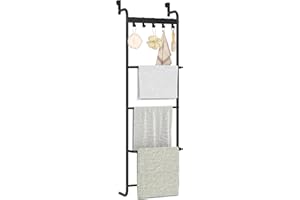 FKUO 5 Tier Over The Door Towel Racks for Bathroom Wet Towel Drying Rack Clothing Storage Holder with Hooks (Black, 5 Tier)