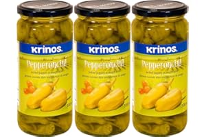 VALUBNDL: Krinos Pepperoncini Peppers – 3 Pack (500ml Jars) – 1.5L Total – Pickled Peppers in Vinegar Brine – Salad Topper & 