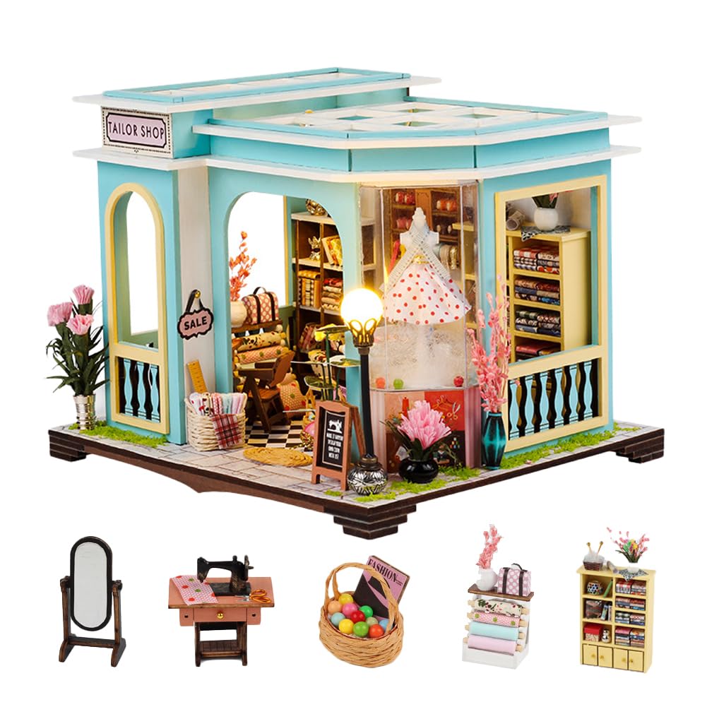 DIY Dollhouse Miniature Kit 1:24 Scale Model With Furniture LED Lights Wooden Puzzle Hands Craft for Adults Teens Kid Birthday Gifts (Tailor Shop)