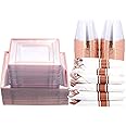 WELLIFE 350 PCS Valentines Rose Gold Square Plastic Plates, Disposable Rose Gold Dinnerware Set, Includes: 50 Dinner Plates10.25”, 50 Dessert Plates7.5”, 50 Cups, 50 Pre Rolled Napkins with Cutlery