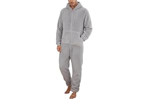 JHOKCI Long Sleeve Jumpsuit Mens Onesie Pajamas Matching Onesies for Couples Winter Warm Comfy Zipper Hooded Fuzzy Sleepwear