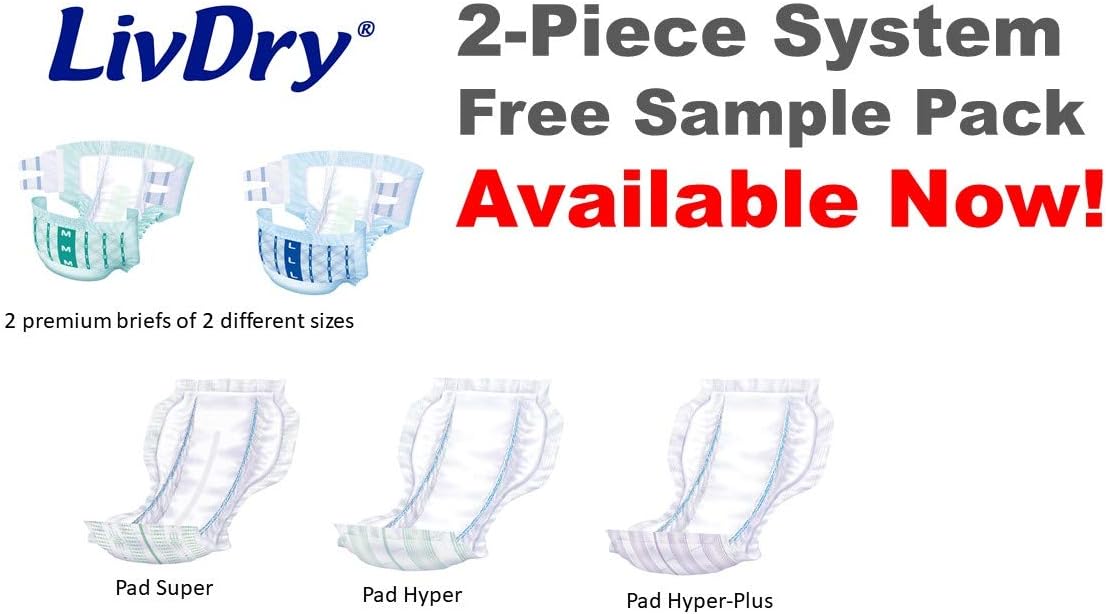 LivDry Premium Brief - Free Sample Pack, M&L (x1 Medium Briefs, x1 Large Briefs, x1 Pad Super, x1 Pad Hyper, x1 Pad Hyper Plus)