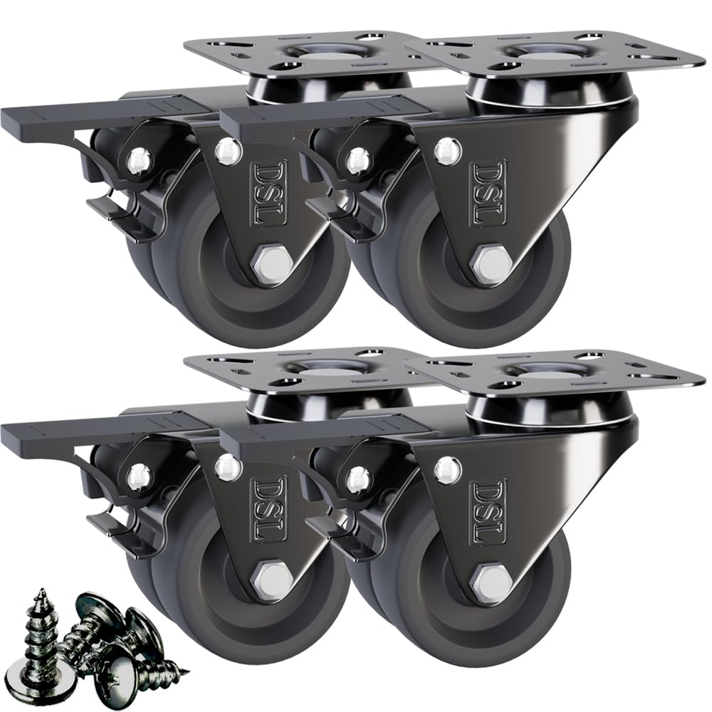DSL Caster Wheels set of 4 - TPR Heavy Duty Braked 50mm Swivel Castor Wheels Trolley – No Floor Marks Silent Rubbered Castors for Furniture – upto 400KG + Free Fitting