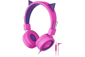 SIMJAR Cat Ear Kids Headphones with Microphone for School, Volume Limiter 85/94dB, Wired Girls Headphones with Foldable Design for Online Learning/Travel/Tablet/iPad (Dark Pink)