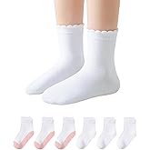 Funjoon 4-10Y Girls Ruffle White Cotton School Uniform Socks Cute Crew Ankle Scallop Dress Socks for Kids 6 Pack