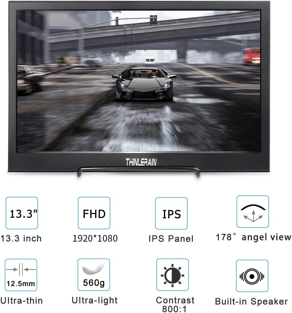 Thinlerain 13.3 Inch Full HD 1920x1080 IPS Screen Ultra Thin Portable Display with HDMI, USB Powered Portable Monitor for Laptop, Mac, Computer, Xbox one, Raspberry pi, ps3 ps4, Built-in Speakers: Computers & Accessories