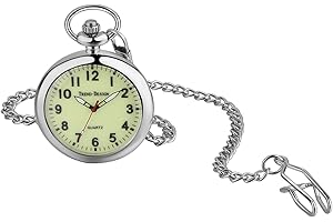 JewelryWe Classic Pocket Watch Minimalist Open Face Round Analog Quartz Watch Lunimous Night Light FOB Pendant Watch with Cha