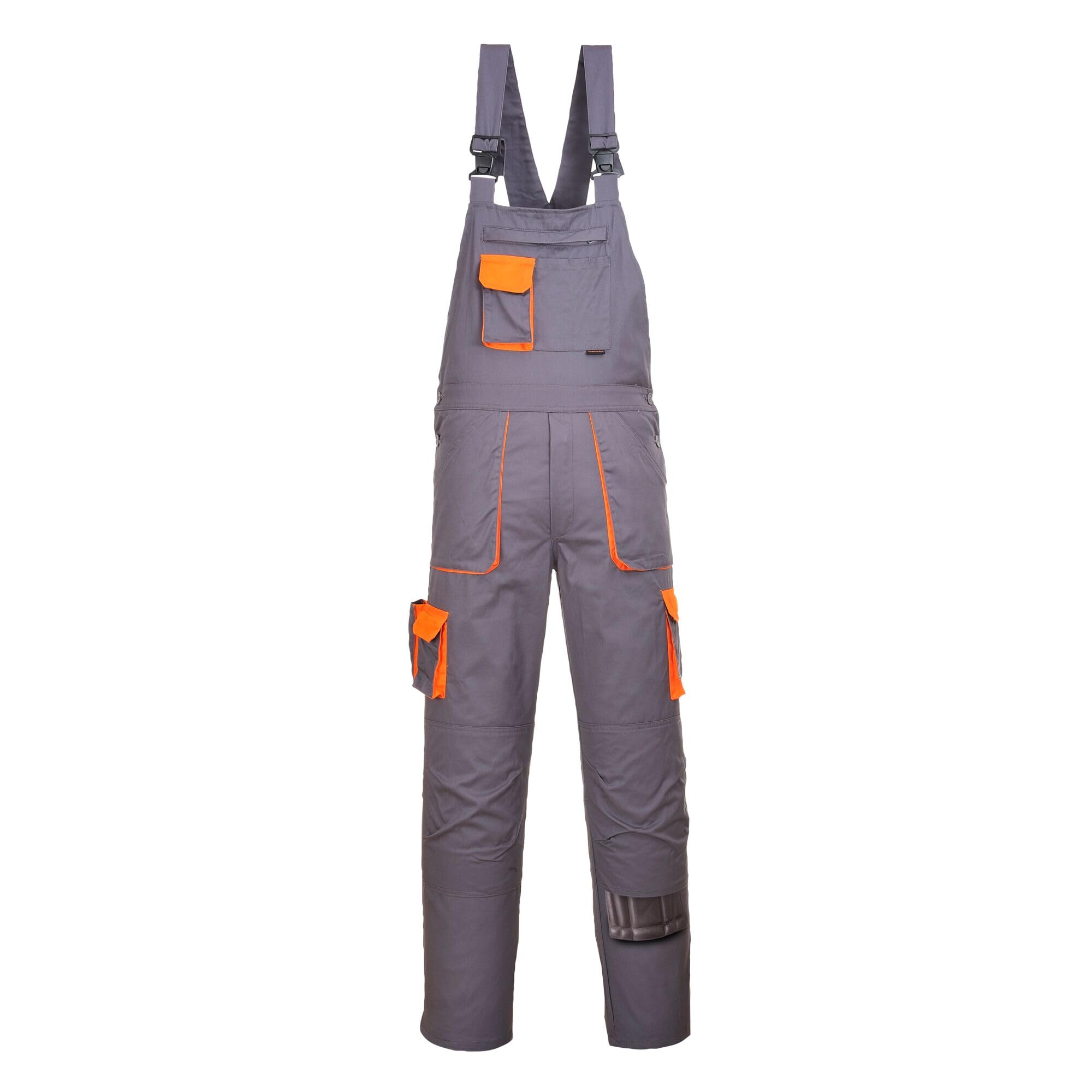 Portwest TX12 Men's Texo Contrast Bib and Brace Work Overalls Workwear Dungarees with Storage Knee Pad Pockets Adjustable Fit Elasticated Back, Grey, M