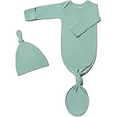 Newborn Baby Knotted Gown, Super Soft Silky Infant Long Sleeve Sleeper for Baby Girl and Boy Sleeping Bag with Hat Pea Green, 0-3 Months