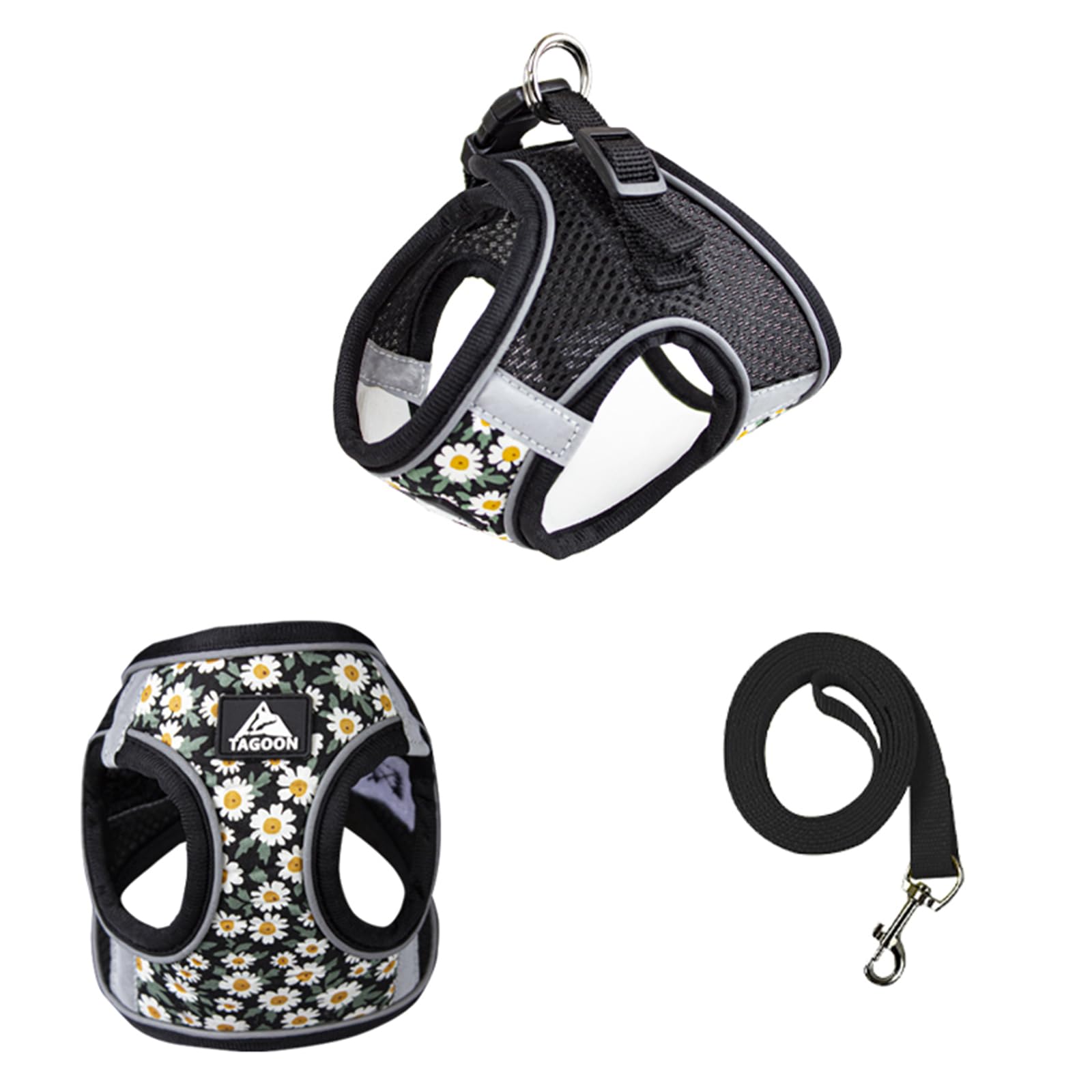 Small Dog Harness Leash Set,Daisy Floral Pattern Pet Harness Vest,Dog Breathable Mesh Adjustable D-Ring Reflective Walking Harness for Cat Puppy Small Medium Dog_M(Black)