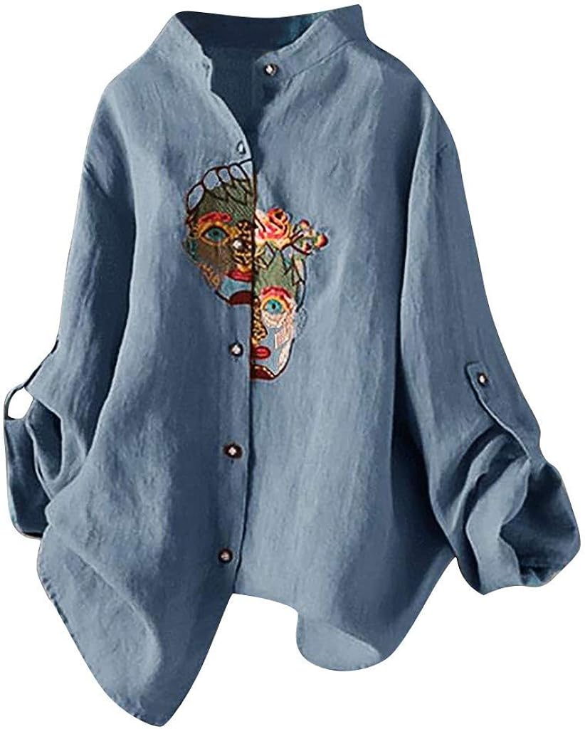 ZTFYKLIN Leinenbluse Damen Mit Stehkragen - Elegantes Langarmshirt Aus Baumwolle