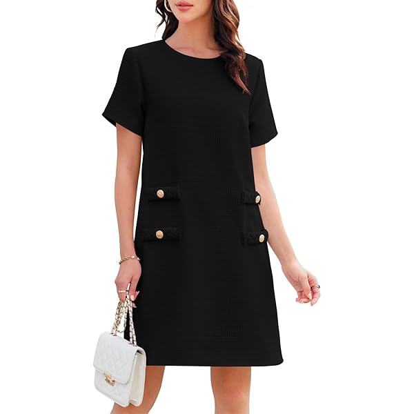 Ladyful Womens Tweed Jackie Dress Short Sleeve Elegant Crew Neck 