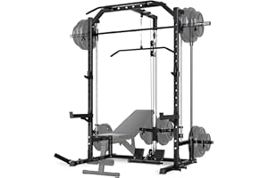 Smith Machine Power Rack with LAT-Pull Down System, Barbell Bar, Cable System, Safety Spotter Arms, j Hooks, Landmine, Multi-