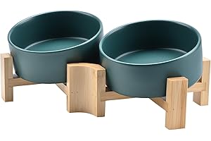 SPUNKYJUNKY 15° Slanted Ceramic Dog and Cat Bowl with Wooden Stand, Tilted Bulldog Food and Water Bowl No Slip Non-Spill for Cats Medium Dogs Big Face Pets 13.5 OZ (1.7 Cups, Green × 2)