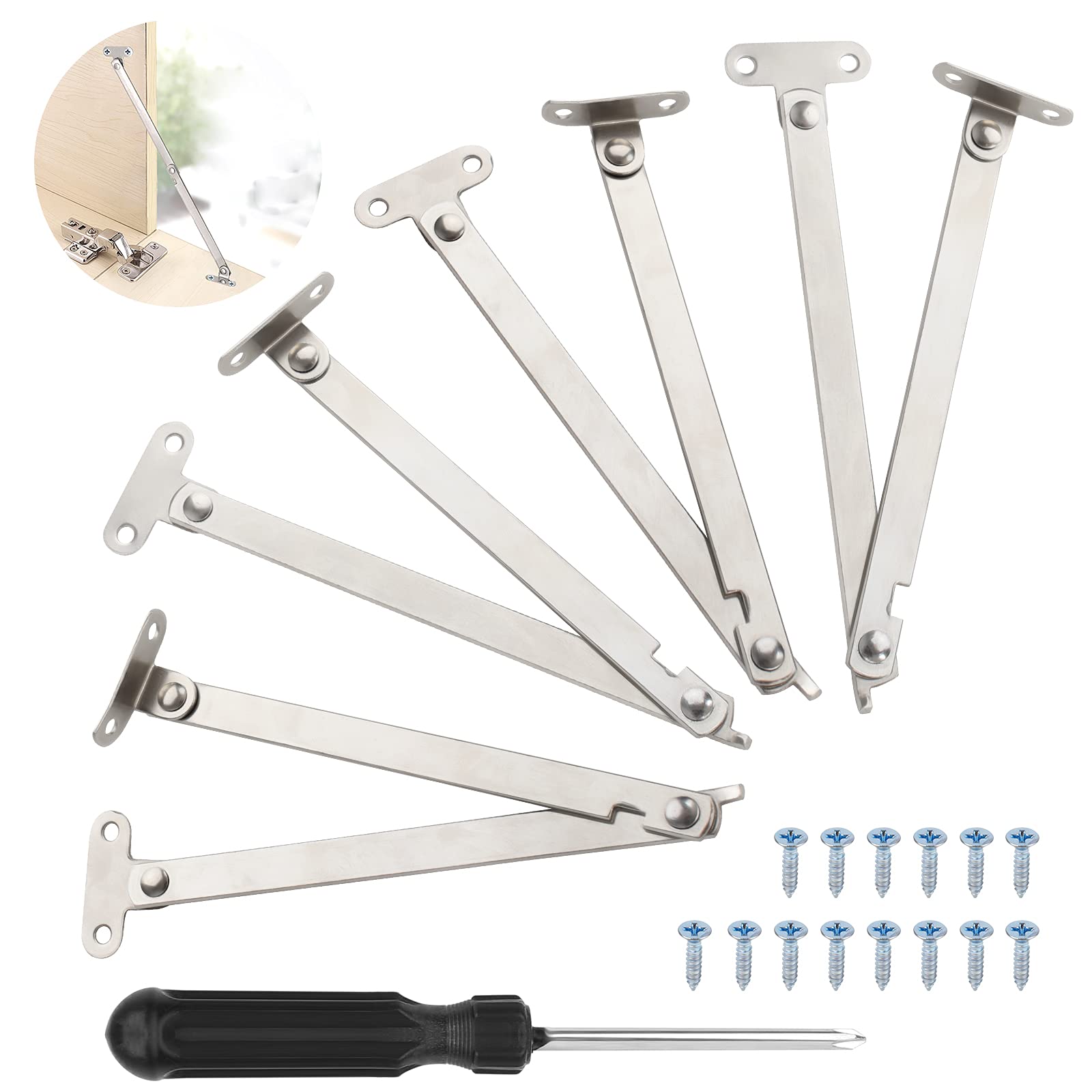 4 Pcs Lid Support Hinges with Screws & Screwdriver, Folding Lid Stay Hinges, Kitchen Door Box Hinge Support, Furniture Door Support Hinge for Cupboard Wardrobe Cabinet Door Lift Up Stay