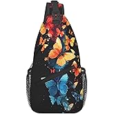IRIHISKY Sling Bag for Men Women Butterfly Black Crossbody Backpack Casual Hiking Daypack for Travel Sport Running Chest Bag