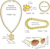 Yontree 5pcs 80s 90s Hip Hop Costume Set Gold Chain Bracelet Ring Glasses view 2
