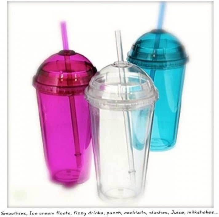 3 x Large Mixed Colour Smoothie Cups (Double walled) with screw lids and plastic straws - Milkshakes, Smoothies, Slushies, Ice cold drinks Tumbler