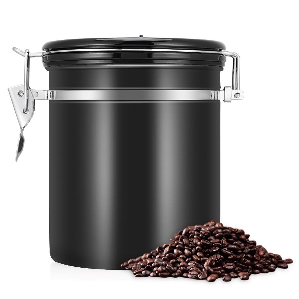 Coffee Beans Storage Canister Stainless Steel Airtight Coffee Beans Container Storage Canister Can-1.5L(Black)