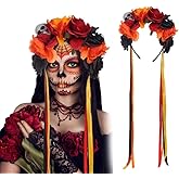 HANSAMU Floral Day of the Dead Headband Mexican Skull Rose Flower Crown Headpiece for Women Girls Halloween Costume (Orange Black Red)