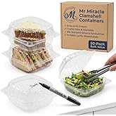 Mr Miracle Clamshell Containers - Clear Disposable Plastic To-Go, Leak-Resistant and Durable for Delivery like Uber Eats, Ideal for Cakes, Salads, Small Sandwich, Personalizable (6" X 6" - 50 Count)