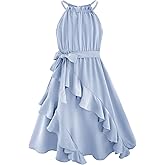 Girls Dresses Tween Halter Tie Back Tiered Ruffle A-Line Flowy Dress Summer Sleeveless Sundress Size 5-14 Years