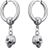 Skull Chain Drop Dangle Small Hoop Earrings with Charm for Women Stainless Steel Skeleton Bone Dangling Personalized Hoops Cartilage Clip on Retro Halloween Jewelry