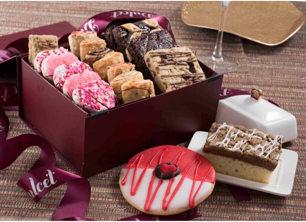 Dulcet Gift Baskets Festive Heart Shaped Vanilla Cookies Rich Brownies, Flaky Rugelah Valentines Day Gourmet Gift Basket for women, men, boyfriend, girlfriend, aunt or uncle.