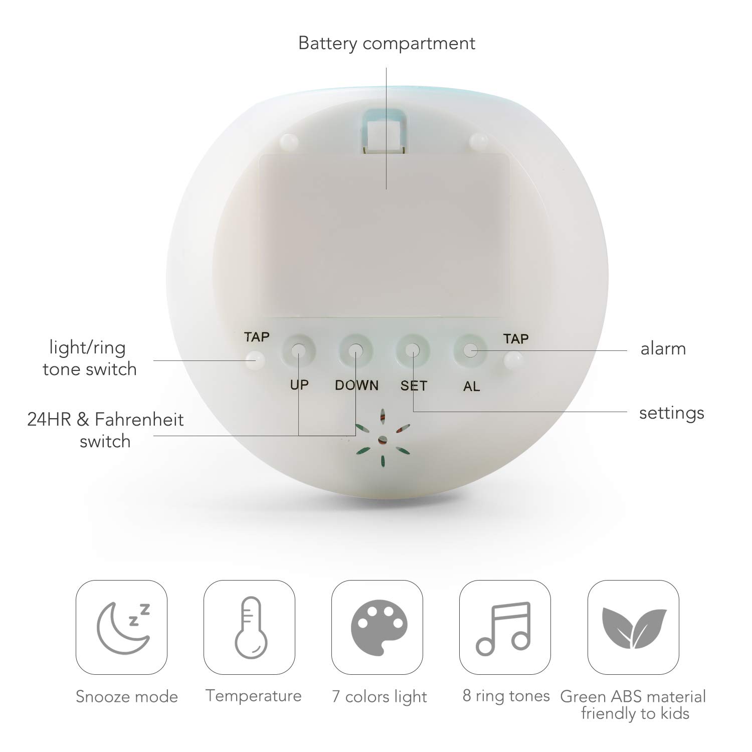 Syntrific Kids Alarm Clock 【2020 Version】，Digital Clock for Girls Boys Kids,7 Color Changing Light 8 Alarm Songs Clock with Indoor Temperature Touch Control Snooze for Bedroom,Bedside Desk Clock