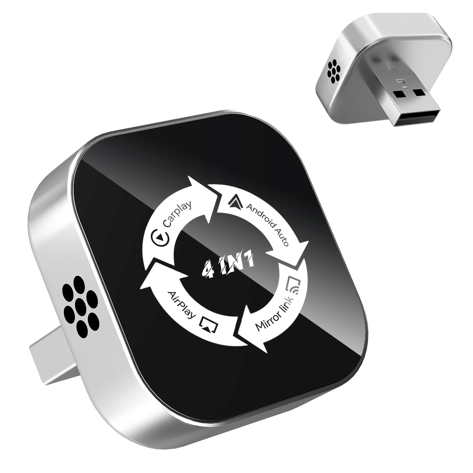 Photo 1 of 4 in 1 Screen Mirroring Wireless CarPlay Adapte, 2026 Upgraded Wired to Wireless for Apple CarPlay & Android Auto & AirPlay & MirrorLink, Mini USB Car Play Adapter with Type-C Extension, Plug and Play