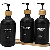 Shampoo and Conditioner Dispenser,16.9oz Set of 3 Plastic Refillable Shower Shampoo Dispenser with Bamboo Tray, Reusable Pump Bottles with Labels for Bathroom Décor(Black) (All Black)