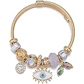 72ore Evil Eye Charm Bracelet for Women Blue Glass Bead & Rhinestone Accent Open Cuff Bangle Boho Chic Jewelry Festival Birthday Gift