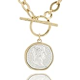 PlusBay Chunky Gold Plated Coin Necklace For Women Silver and Gold Chain Pendant Necklace Antique Toggle Thick Link Fashion Jewelry Gift
