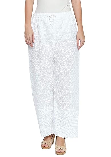 Plazzo Pants For Women White Plazo for Womens Pure Cotton Full Chikan (Free Size Waist - 28 to 38 inches, Length - 38 inches) (Colour - Off White)