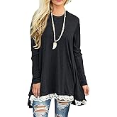 Afibi Women Lace Long Sleeve A-line Swing T-Shirt Loose Tunic Top Blouse