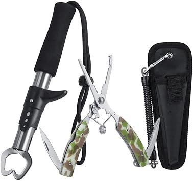 Amazon Augymerフィッシュグリップ フィッシュプライヤー 2点セット 針はずし フックはずし ラインカッター 魚掴み器 ナイフ内蔵 ルアー交換用 専用ケース及び安全ロープ付属 釣り具 ストラップとカラビナ付き ツール ステンレス 多機能 釣り用ペンチ 軽量鋏 魚ばさみ