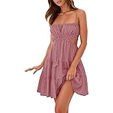 Wenrine Womens Summer Beach Mini Dress Adjustable Spaghetti Straps Sleeveless Backless Tiered Boho Sexy Dresses