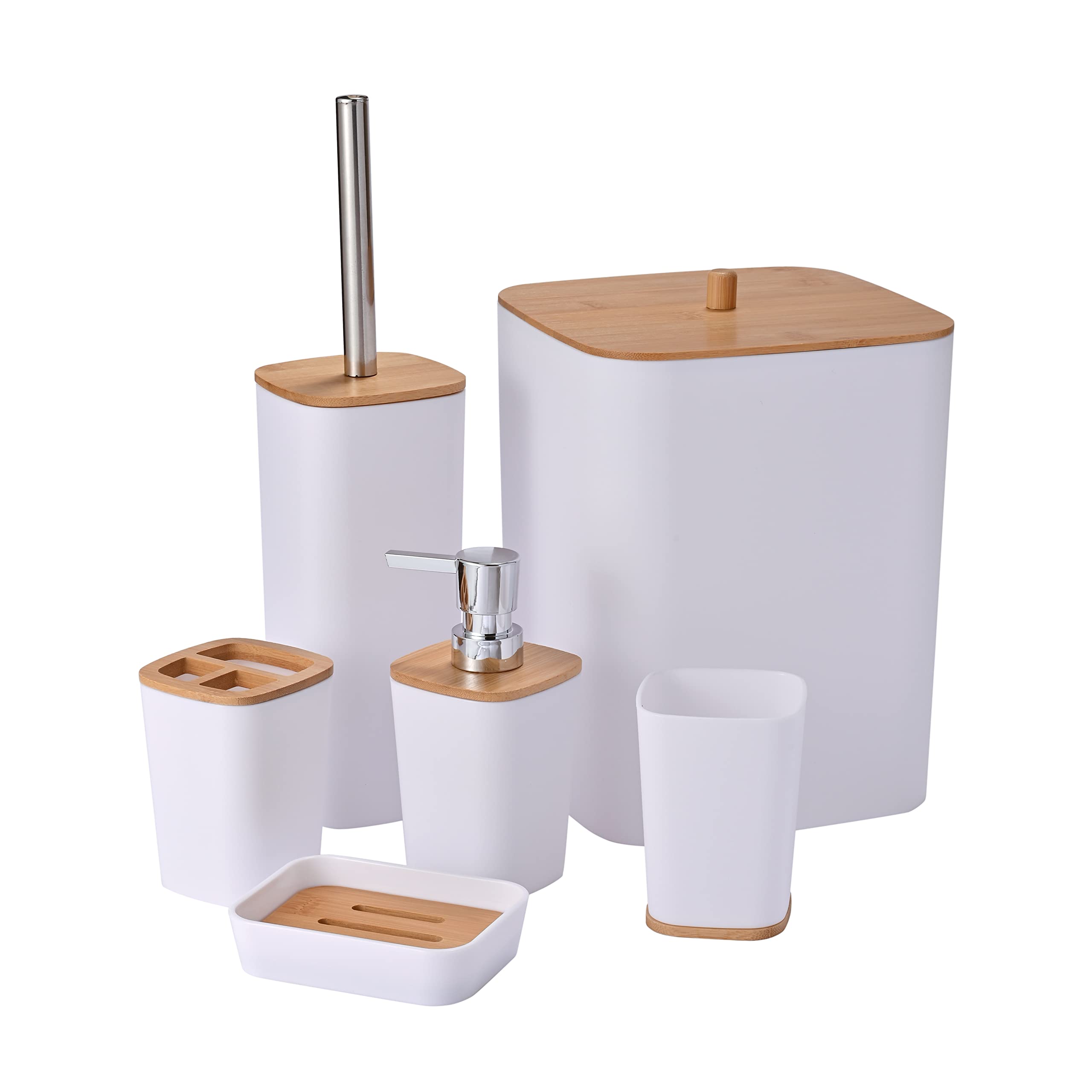 Yorkmills 6 Pieces Bamboo Bathroom Accessories set, Bathroom Accessory set, Bathroom Bin Toilet Brush Set, Durable Toothbrush Holder Cup, Soap Dispenser With Pump, Soap Dish Holder, Modern Trash Can